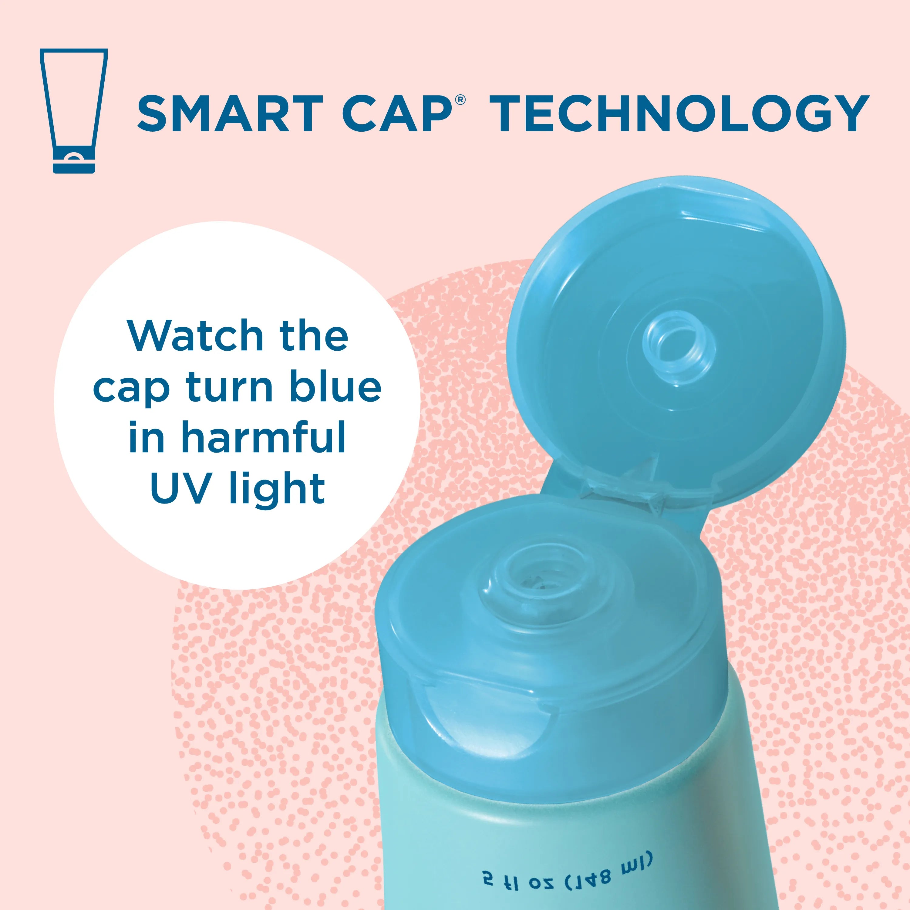 Lotion sunscreen bottle with open cap on a pink background, featuring Smart Cap Technology text.